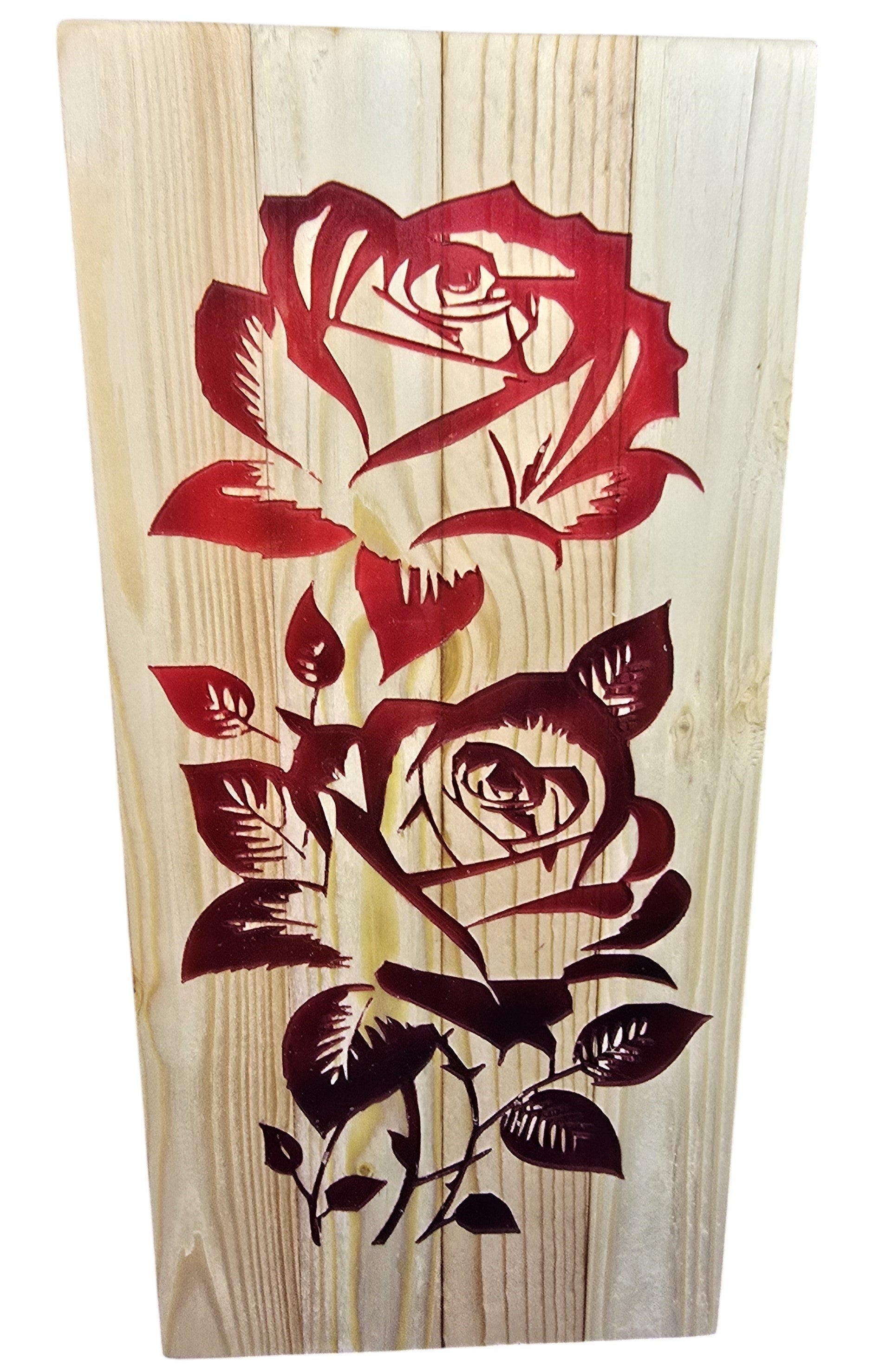 TK Wood Designs Double Rose hand-carved wood sculpture with red roses and leaves. Natural wood finish.