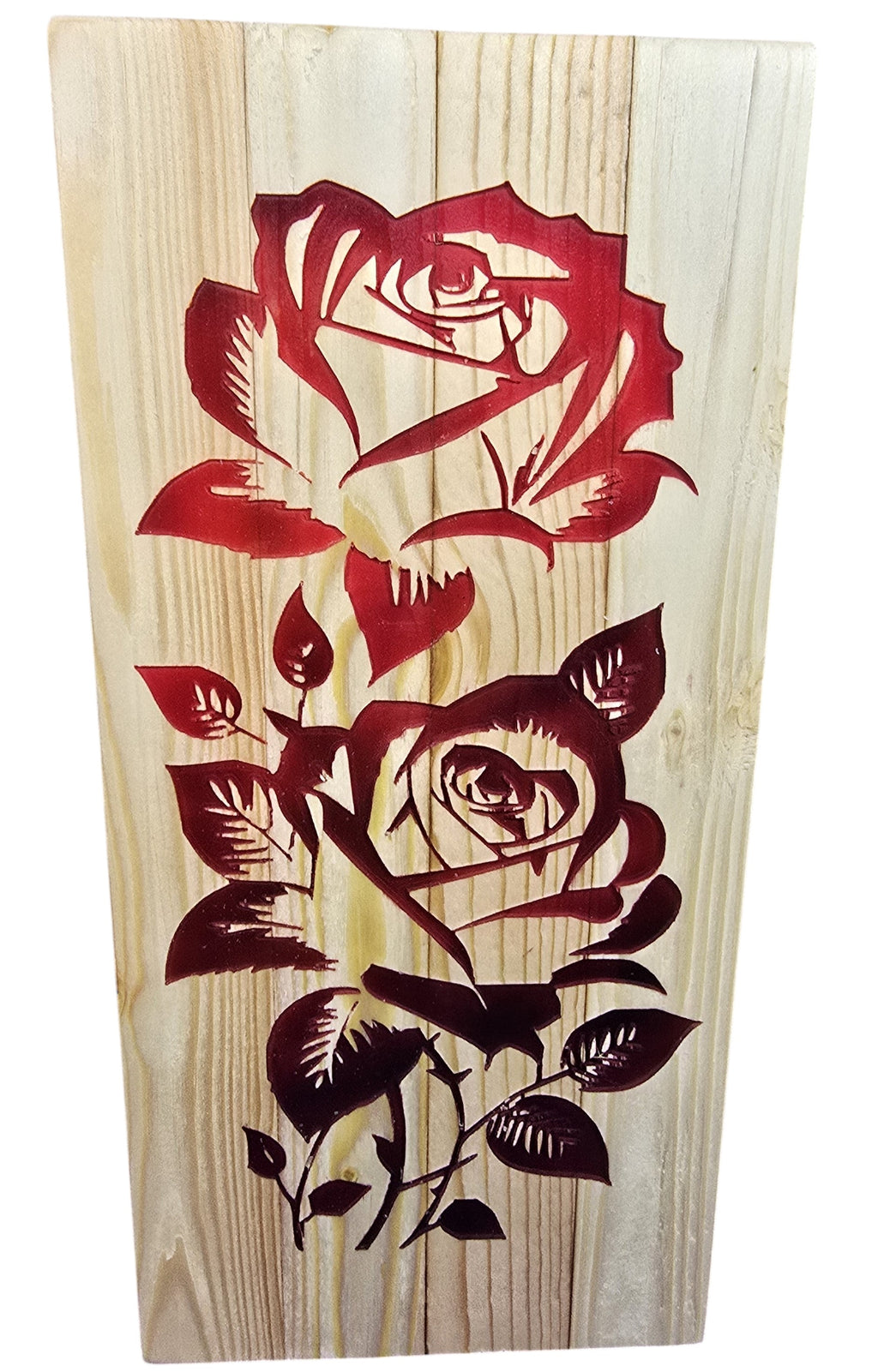 TK Wood Designs Double Rose hand-carved wood sculpture with red rose design. Natural wood finish.