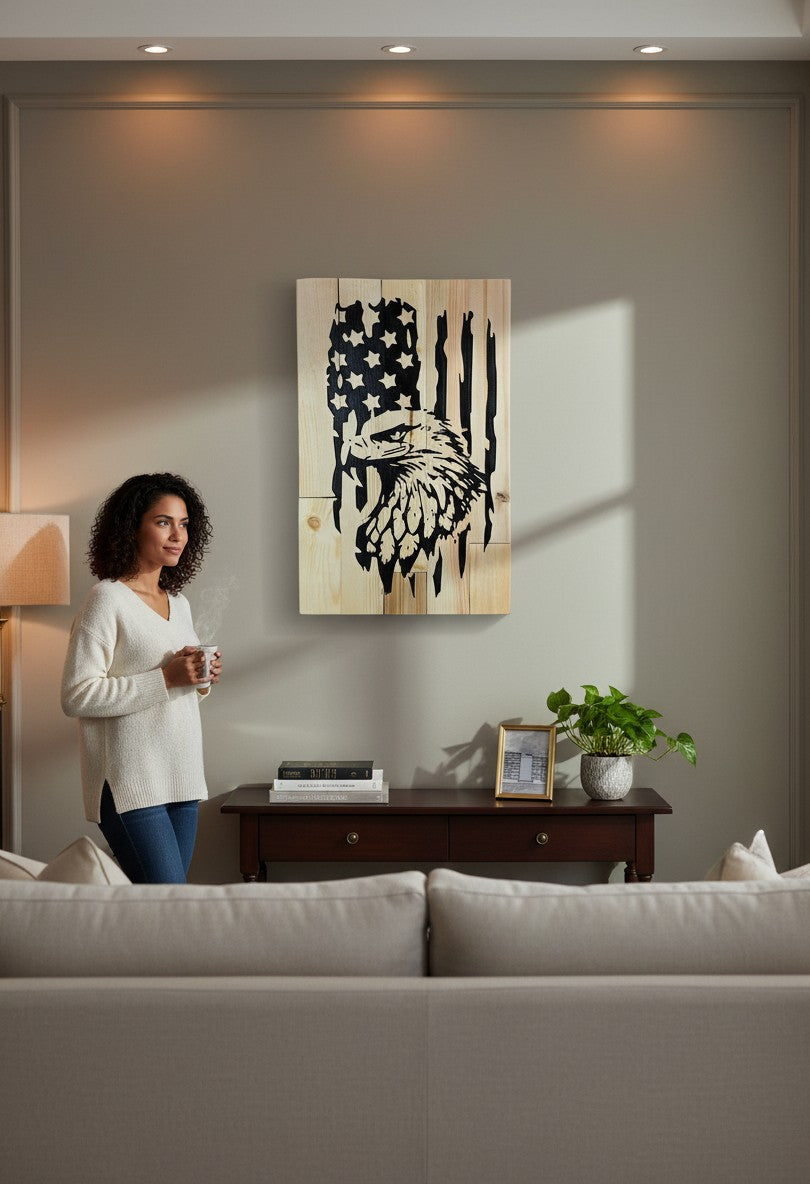 TK Wood Designs handmade rustic wood sign featuring a distressed American flag with an eagle silhouette. Natural wood.