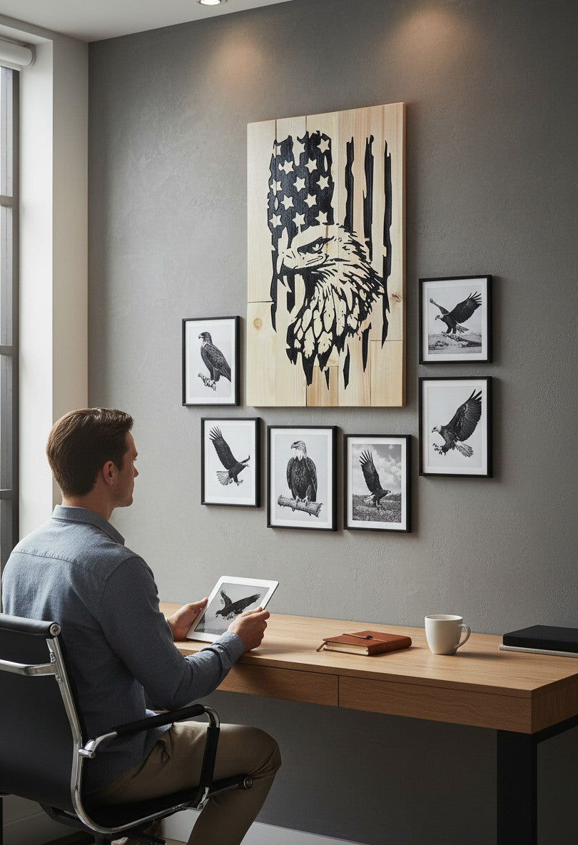 TK Wood Designs handmade rustic wood sign featuring a distressed American flag with an eagle silhouette. Natural wood.