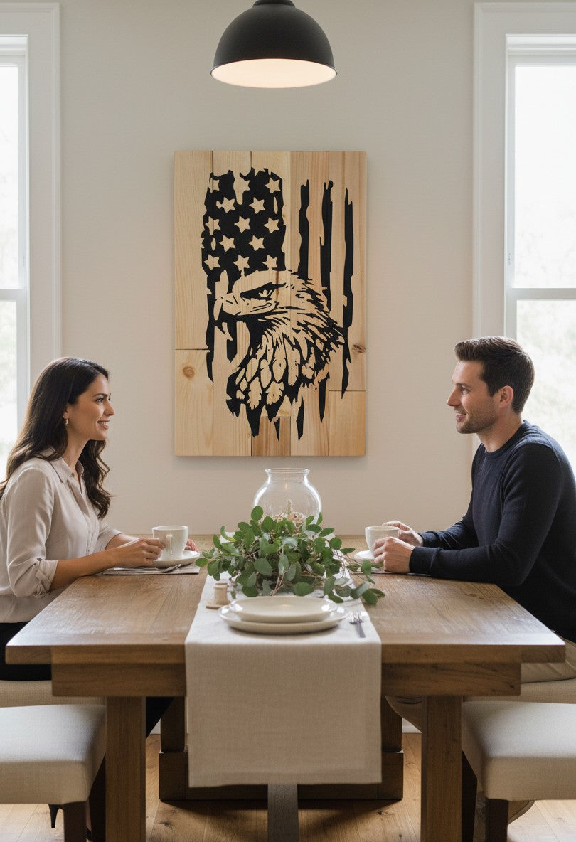TK Wood Designs handmade rustic wood sign featuring a distressed American flag with an eagle silhouette. Natural wood.