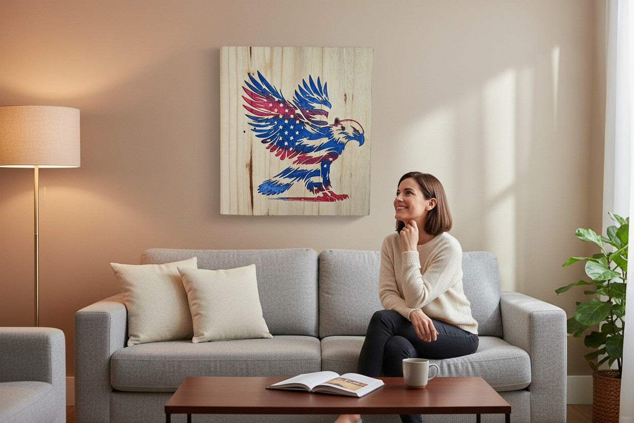 TK Wood Designs patriotic wooden sign featuring a carved eagle with American flag wings in red, white, and blue.