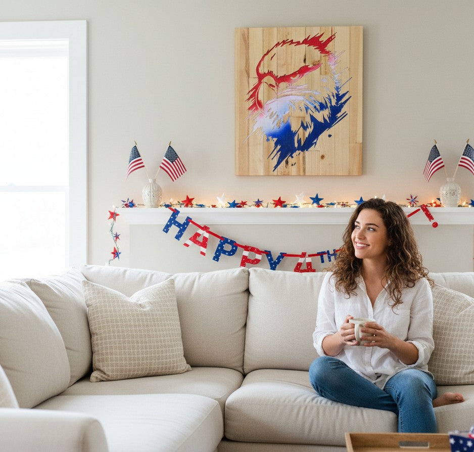 TK Wood Designs rustic reclaimed wood wall art featuring a carved eagle head in red, white, and blue patriotic colors.
