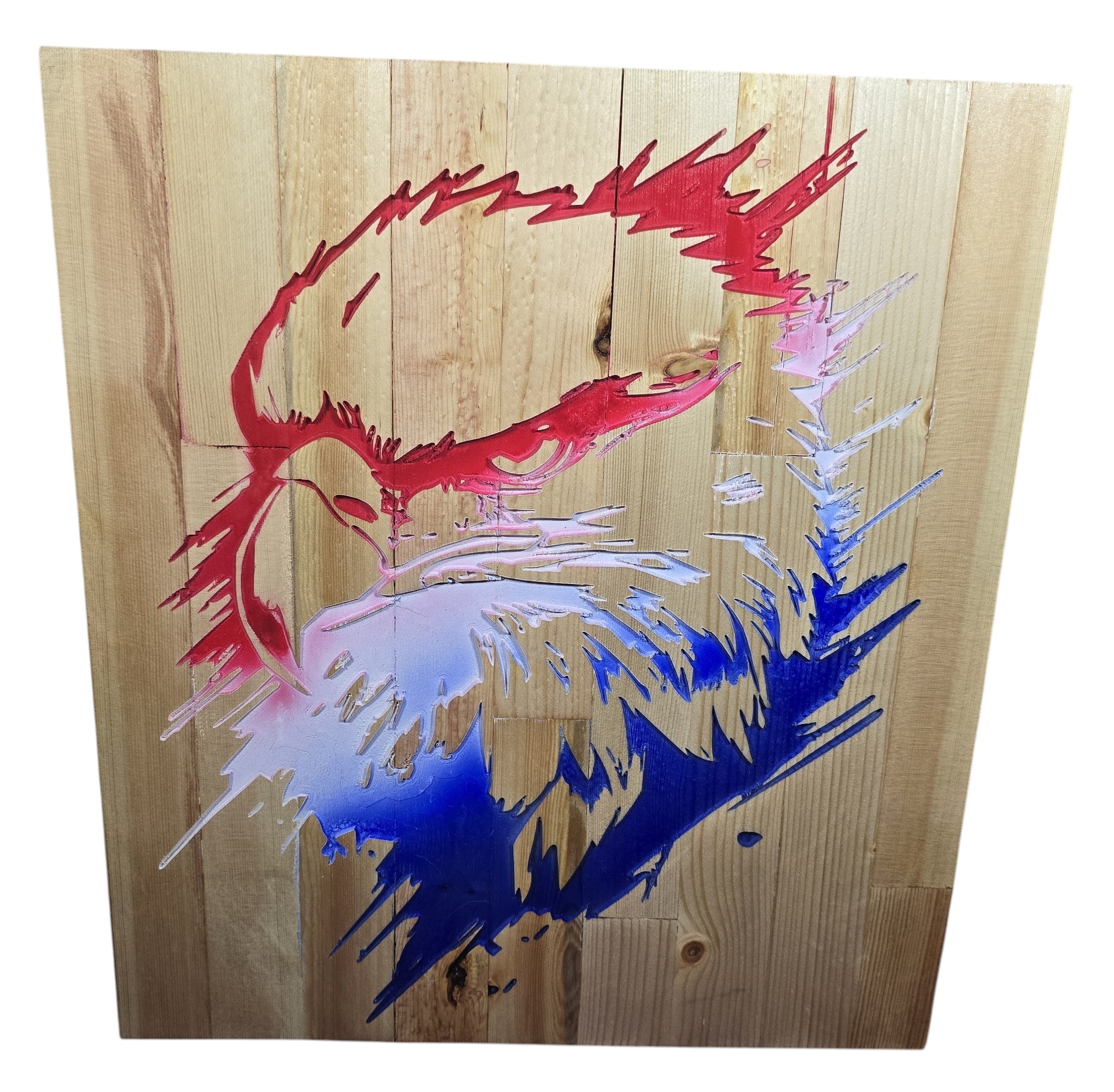 TK Wood Designs rustic reclaimed wood wall art featuring a carved eagle head in red, white, and blue tones.