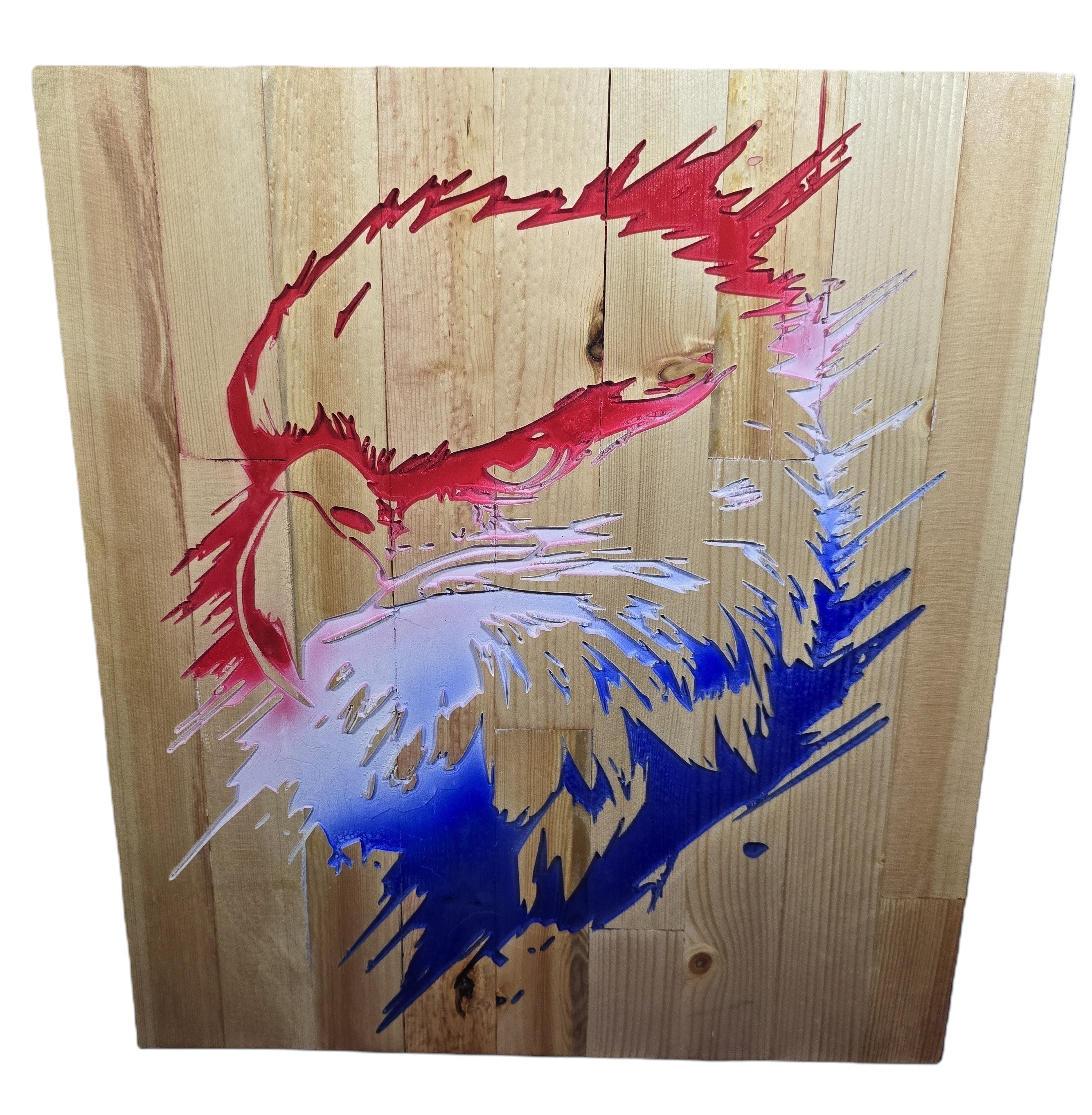 TK Wood Designs rustic reclaimed wood wall art featuring a carved eagle head in red, white, and blue.