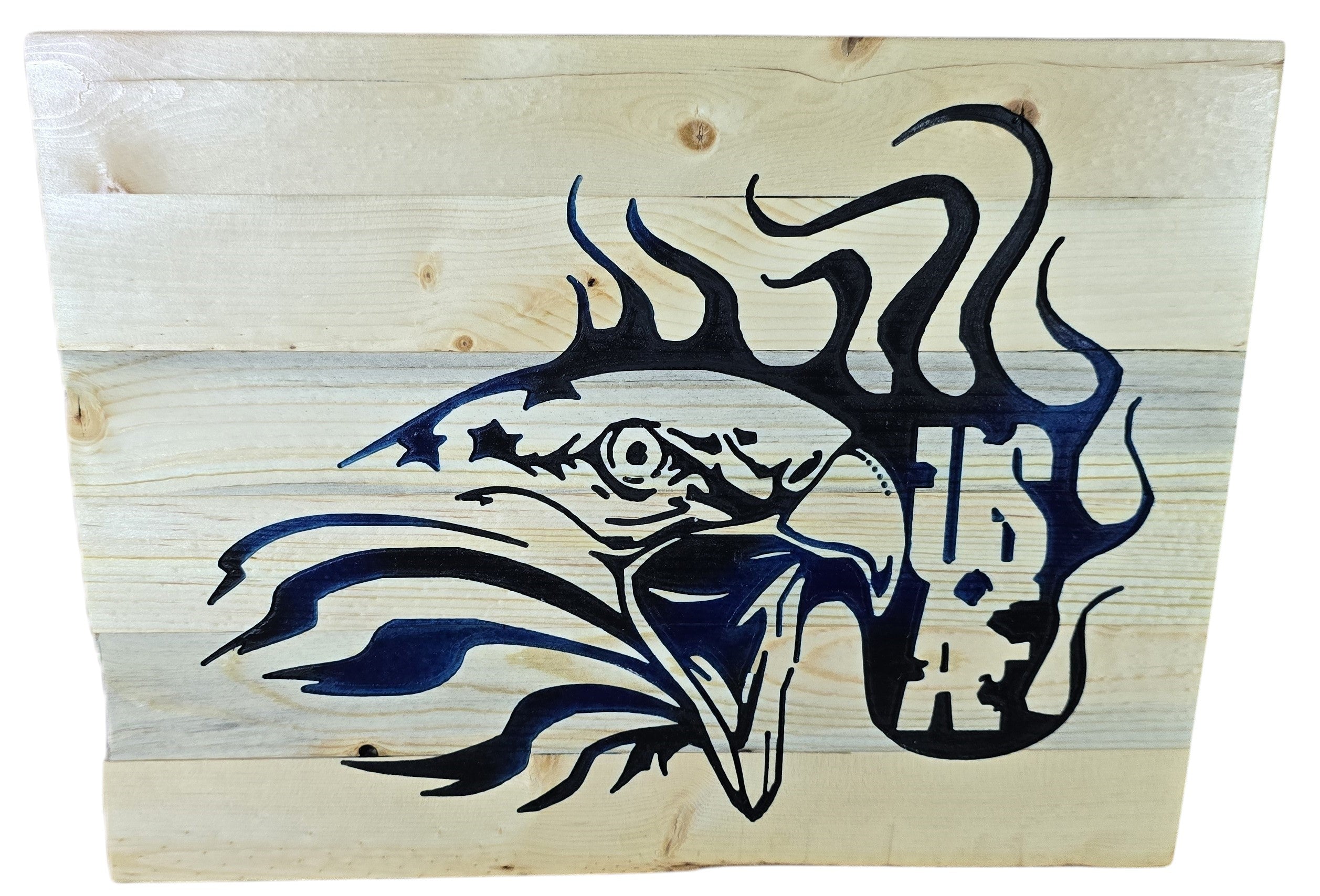 TK Wood Designs rustic wood wall art featuring a stylized navy blue eagle with stars and flames. Natural wood plank construction.