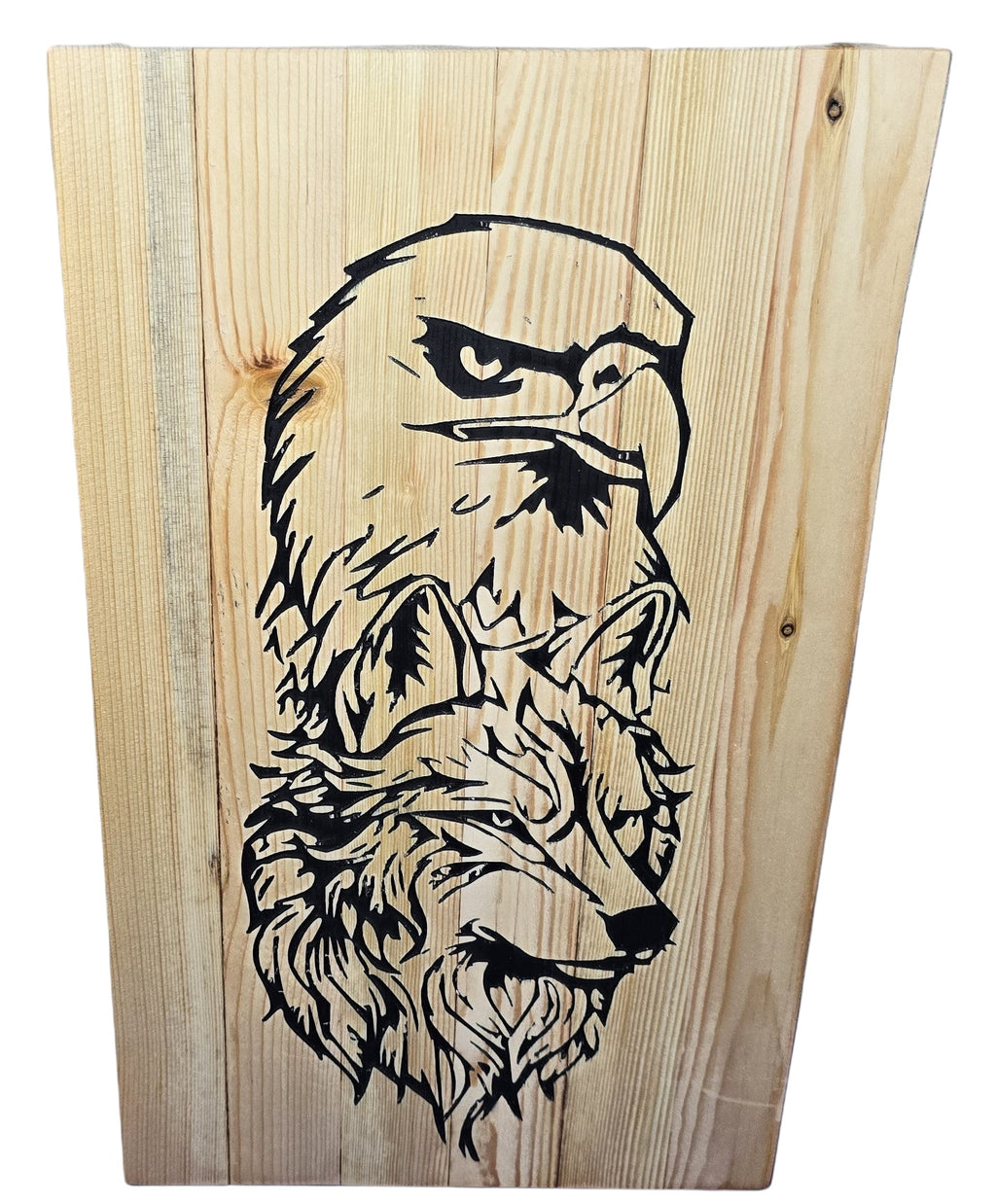 TK Wood Designs handcrafted wooden sign featuring a carved eagle and wolf design. Natural wood grain.