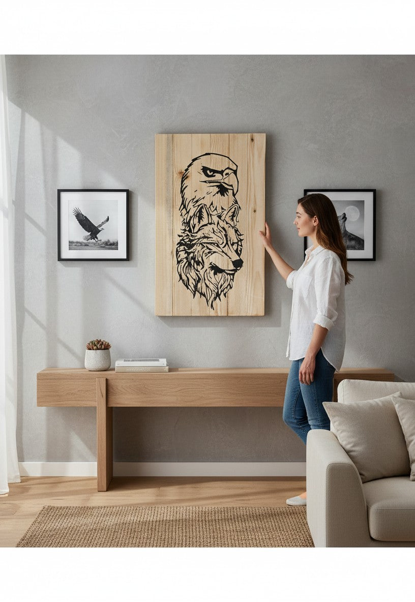 TK Wood Designs handcrafted wooden sign featuring a striking eagle and wolf design carved into natural wood. Ideal for rustic decor.