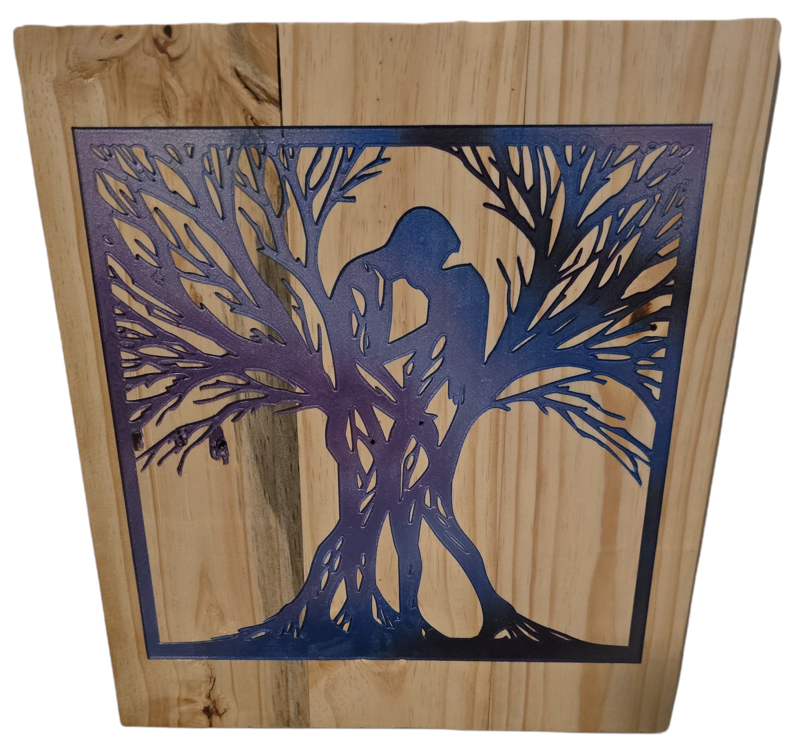 TK Wood Designs natural wood wall art featuring a gradient blue and purple silhouette of two figures intertwined in a tree.