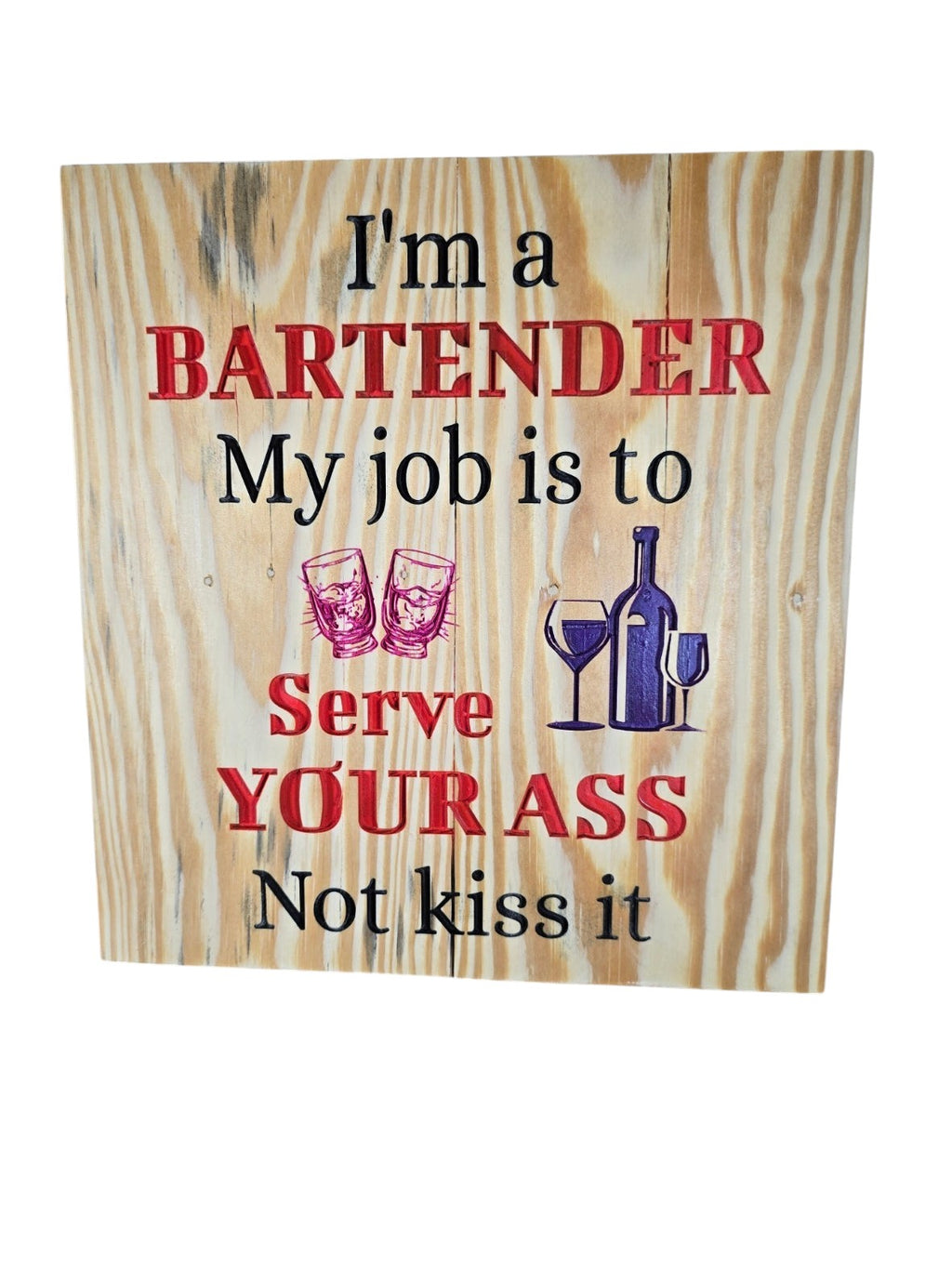 TK Wood Designs rustic wooden sign featuring engraved text about bartending with red and black lettering