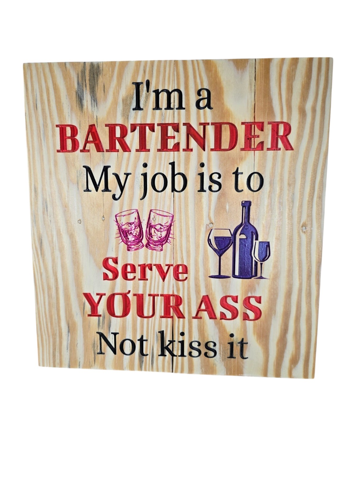TK Wood Designs rustic wooden sign featuring engraved text about bartending with red and black lettering