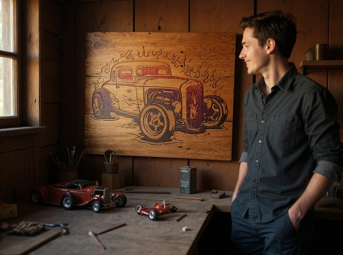 TK Wood Designs custom engraved wooden hot rod wall art hanging in a rustic workshop with a man looking at it.