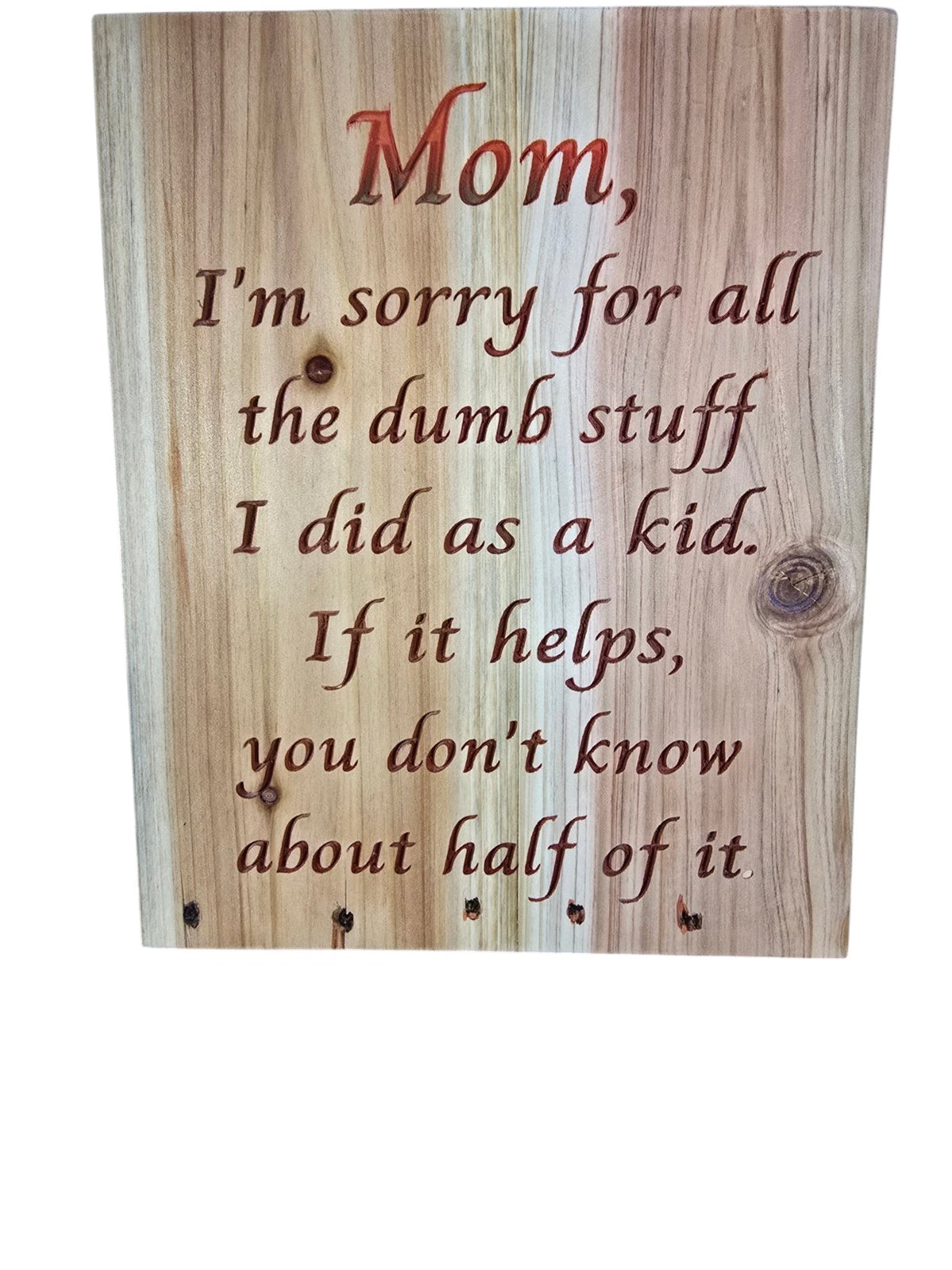 TK Wood Designs rustic wooden sign with engraved humorous message for Mom about childhood mischief