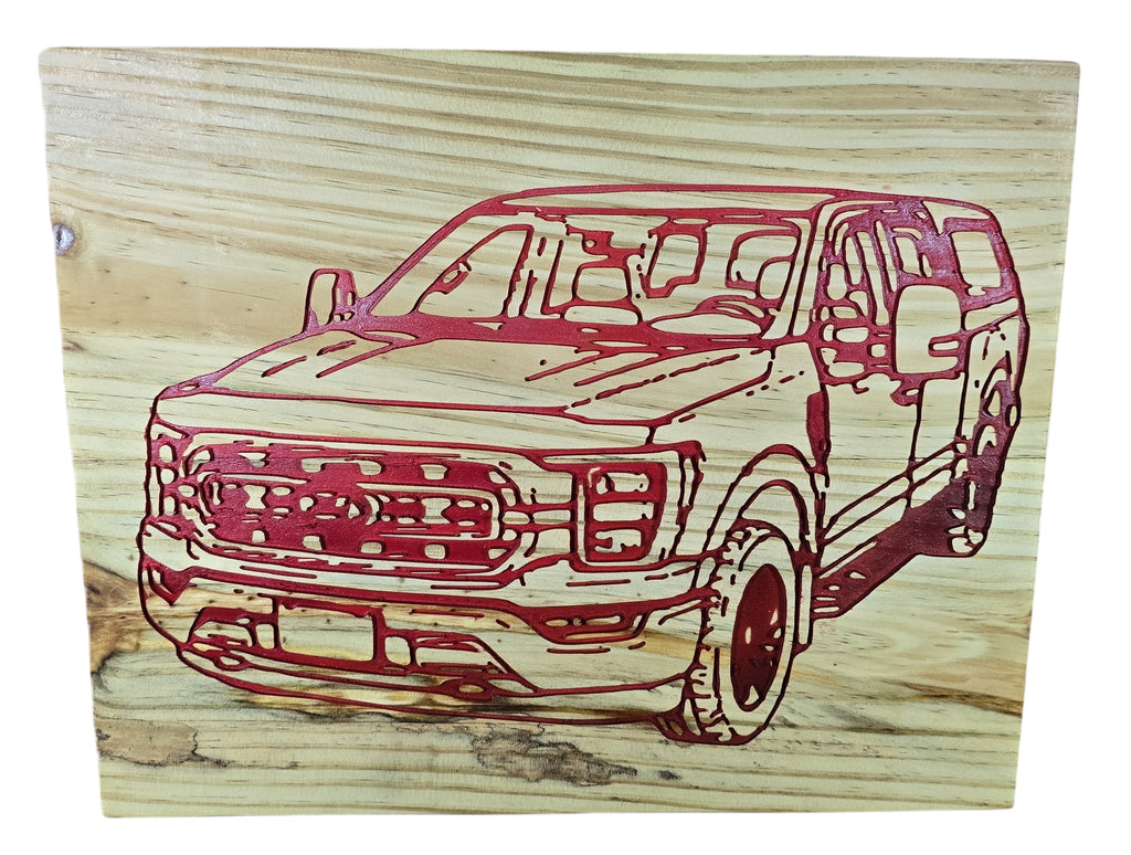 TK Wood Designs natural wood wall art with engraved red pickup truck design. Perfect for garages and man caves.