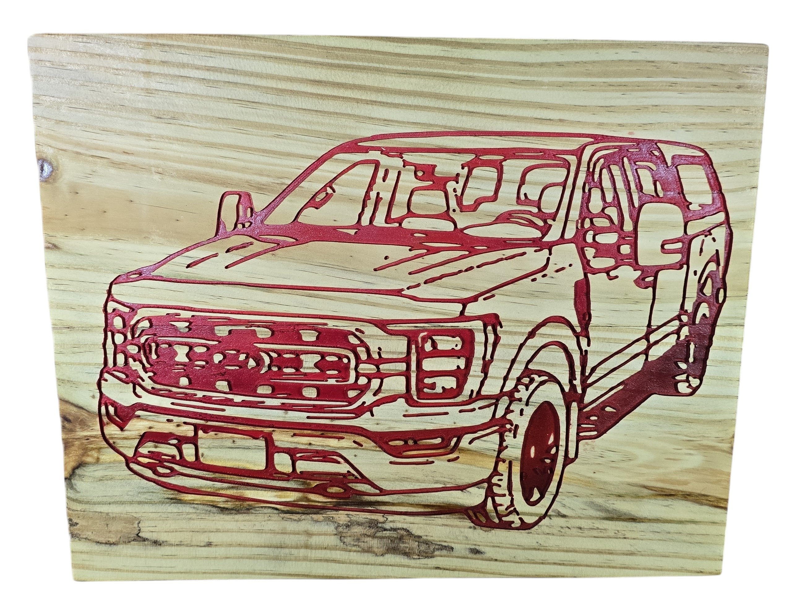 TK Wood Designs natural wood wall art with engraved red pickup truck design. Perfect for garages and man caves.