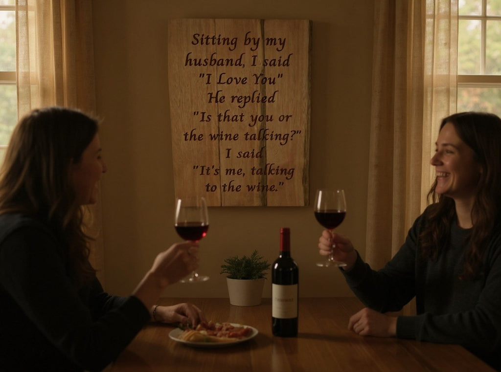 TK Wood Designs rustic wooden wall sign with a humorous wine quote hanging above two women toasting with red wine.