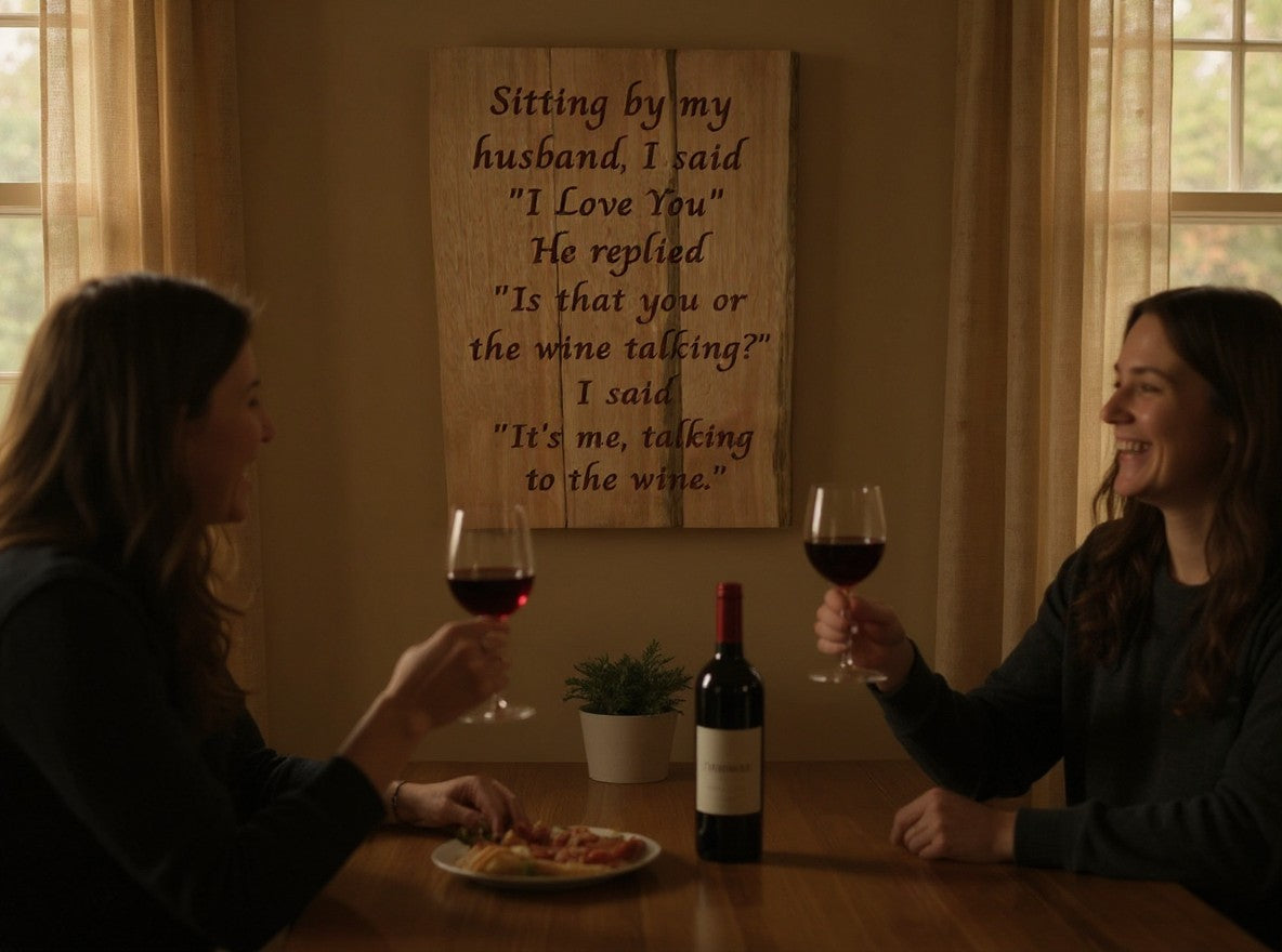 TK Wood Designs rustic wooden wall sign with a humorous wine quote hanging above two women toasting with red wine.