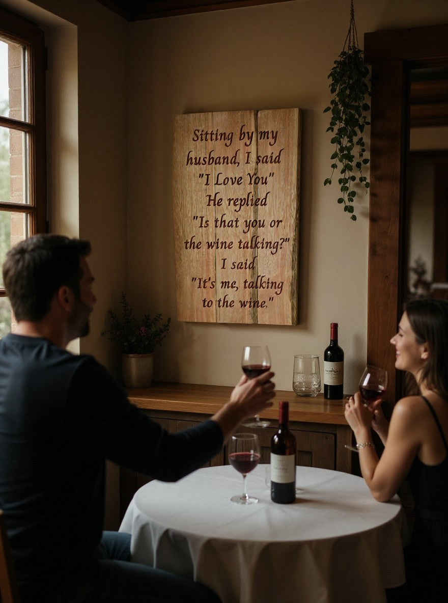 TK Wood Designs rustic wooden wall sign with humorous wine quote hanging in a cozy dining room with a couple.