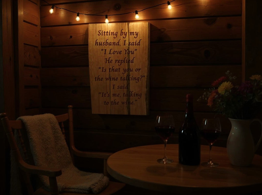 TK Wood Designs rustic wooden wall sign with a humorous wine quote, displayed in a cozy, dimly lit home bar setting.