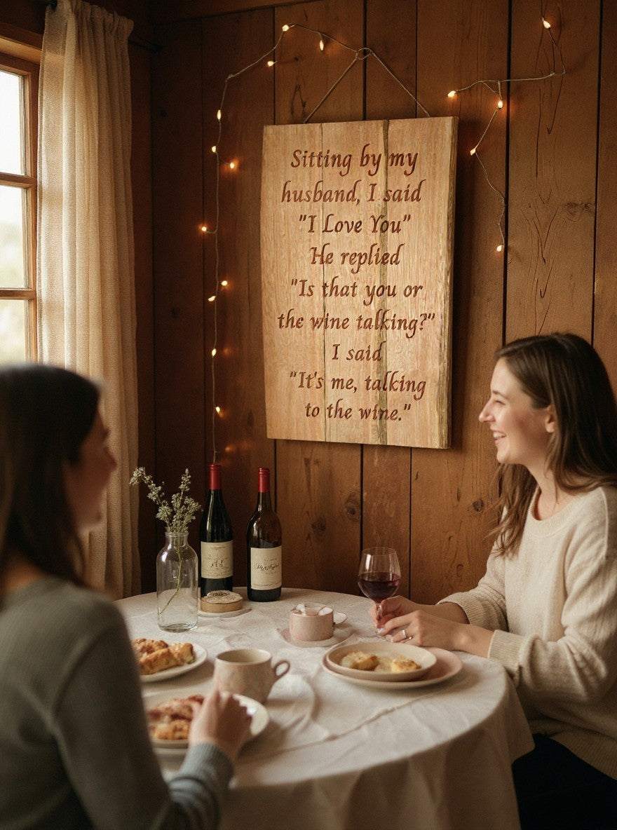 TK Wood Designs rustic wooden wall sign with a humorous wine quote hanging on a wood paneled wall above a dining table