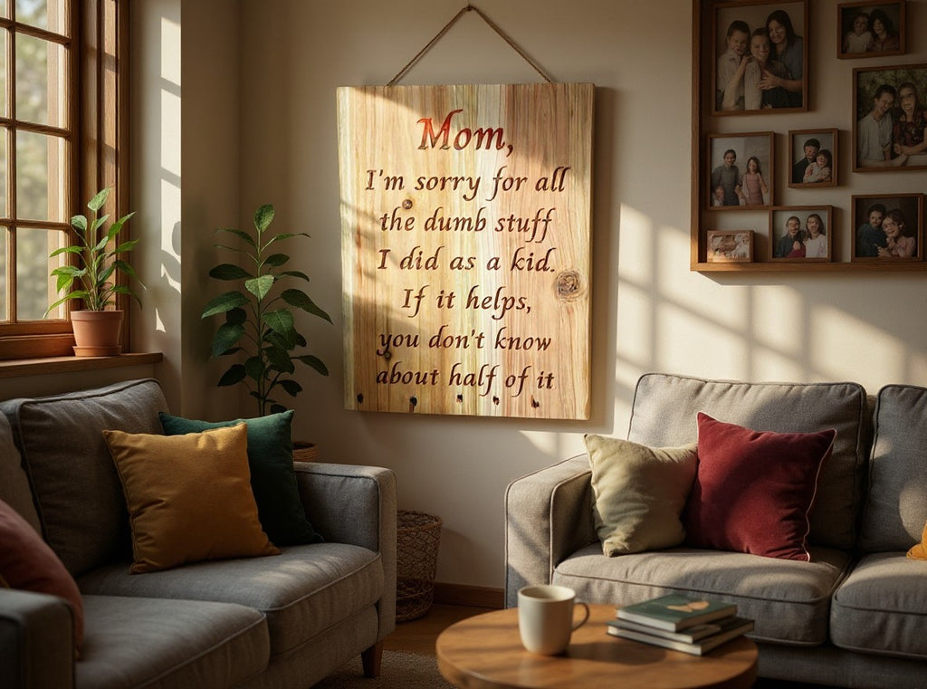 TK Wood Designs humorous engraved wooden sign for Mom hanging on a living room wall above a grey sofa