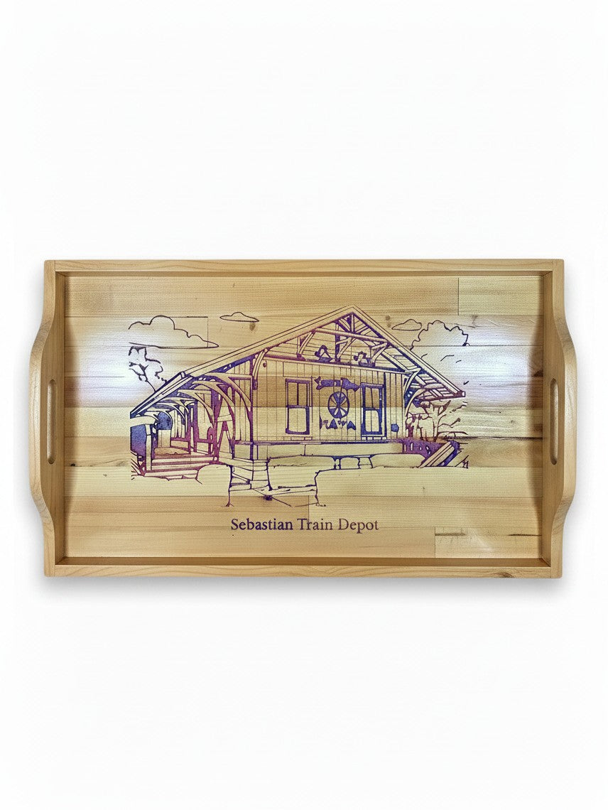 TK Wood Designs natural wooden serving tray featuring a detailed engraved illustration of the Sebastian Train Depot.