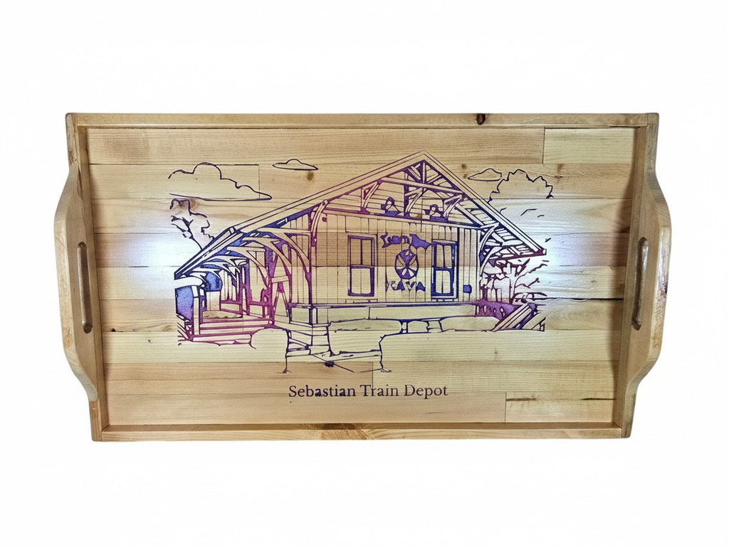TK Wood Designs wooden serving tray featuring a detailed laser engraving of the historic Sebastian Train Depot.