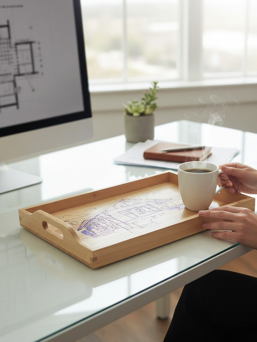 TK Wood Designs wooden serving tray with Sebastian Train Depot engraving, held by a person with a coffee mug on desk