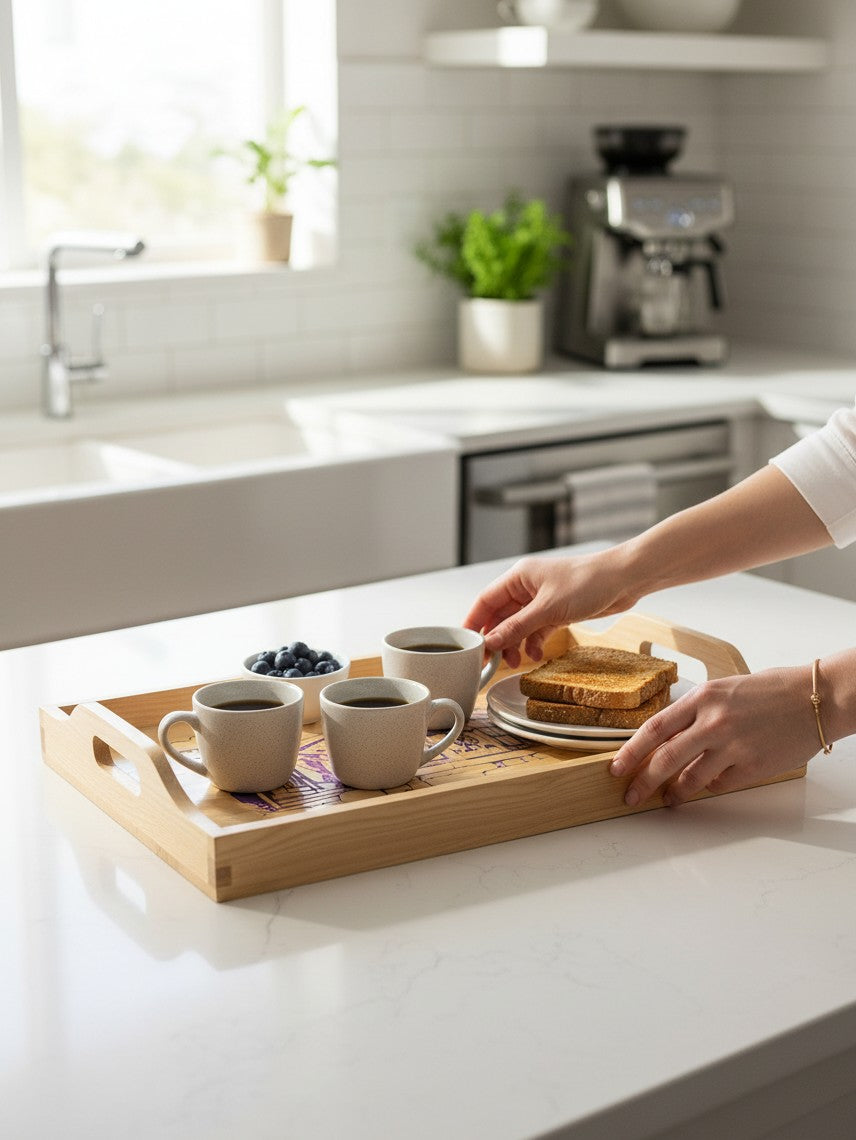 TK Wood Designs wooden serving tray with engraved train depot design holding coffee mugs, blueberries, and toast.