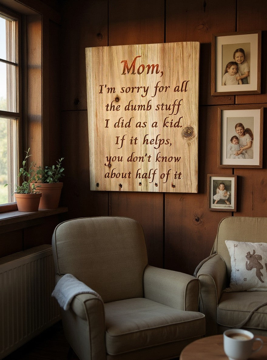 TK Wood Designs humorous engraved wooden sign for Mom hanging on a rustic wood wall above a cozy armchair.