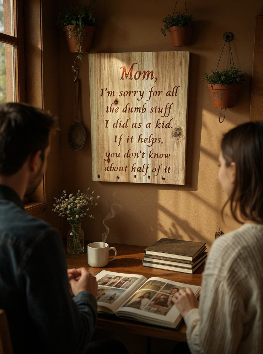TK Wood Designs rustic engraved wooden sign for Mom hanging on a wall above a couple looking at a photo album