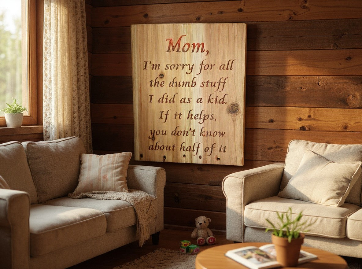 TK Wood Designs rustic wooden sign for Mom with humorous engraved text hanging on a log cabin wall.