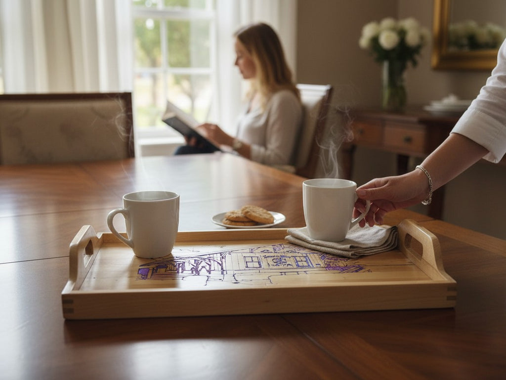 TK Wood Designs wooden serving tray with a detailed train depot engraving, holding two steaming mugs on a dining table.