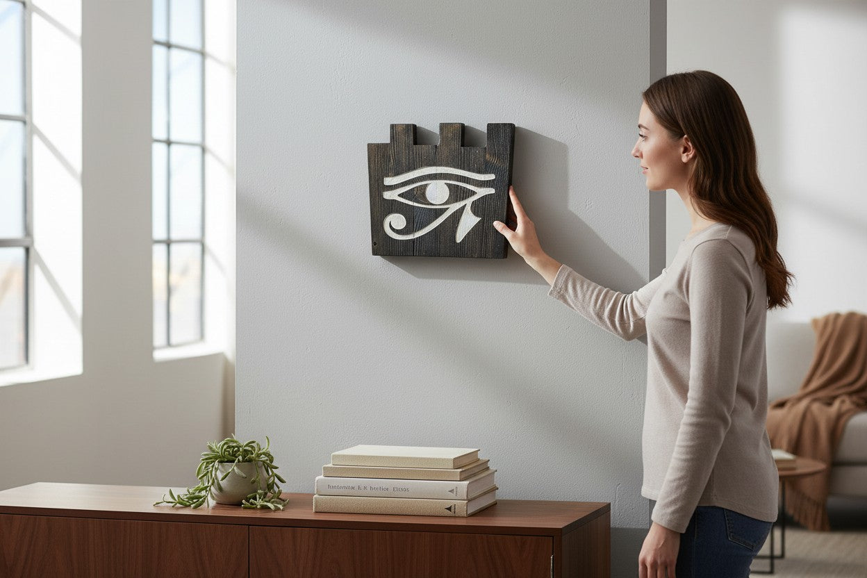 TK Wood Designs hand-painted Evil Eye decor on reclaimed wood with a weathered finish. Features a white eye motif on dark wood.