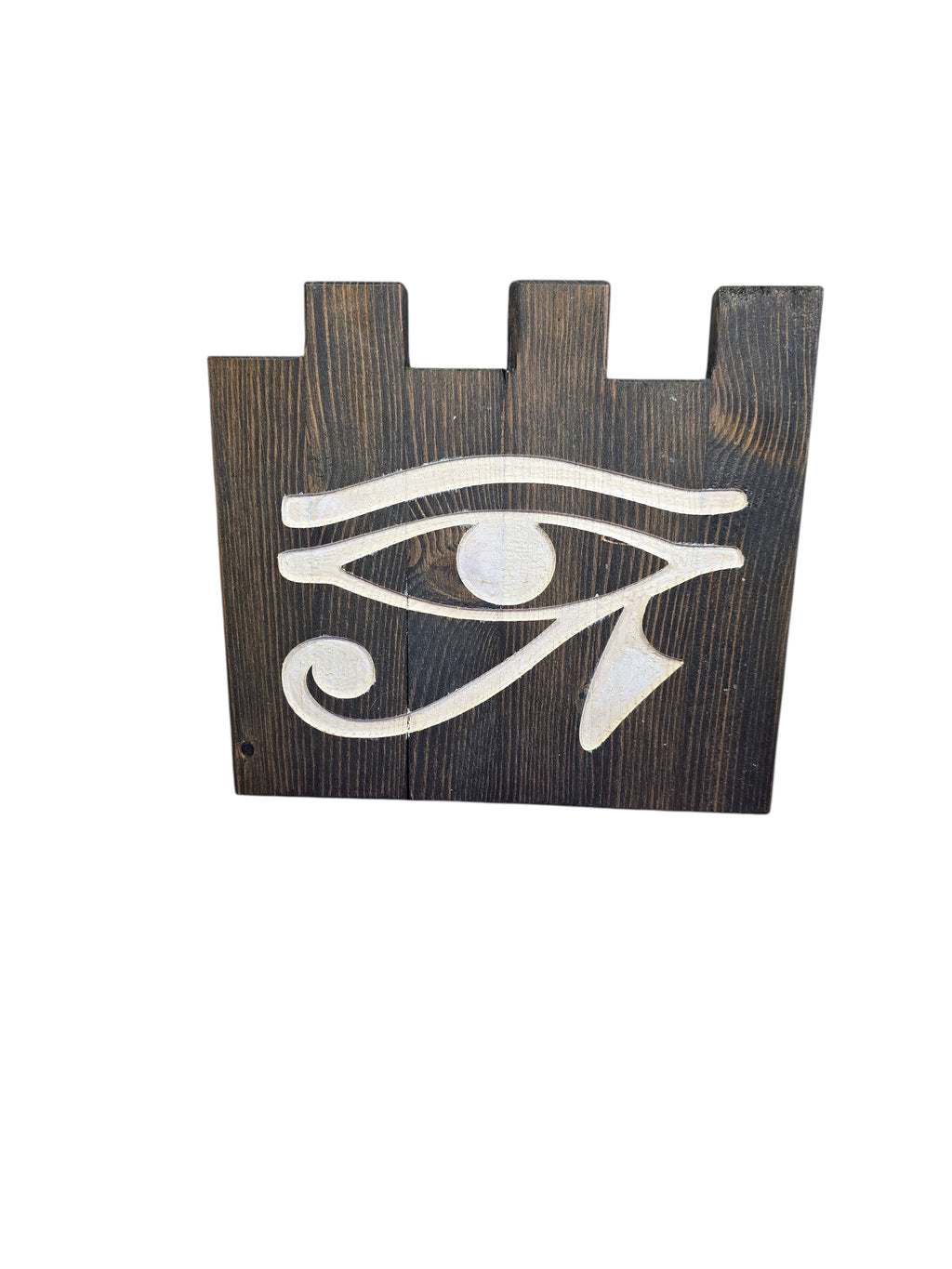 TK Wood Designs hand-painted Evil Eye decor on reclaimed wood with a weathered finish. Features a white eye motif on dark wood.