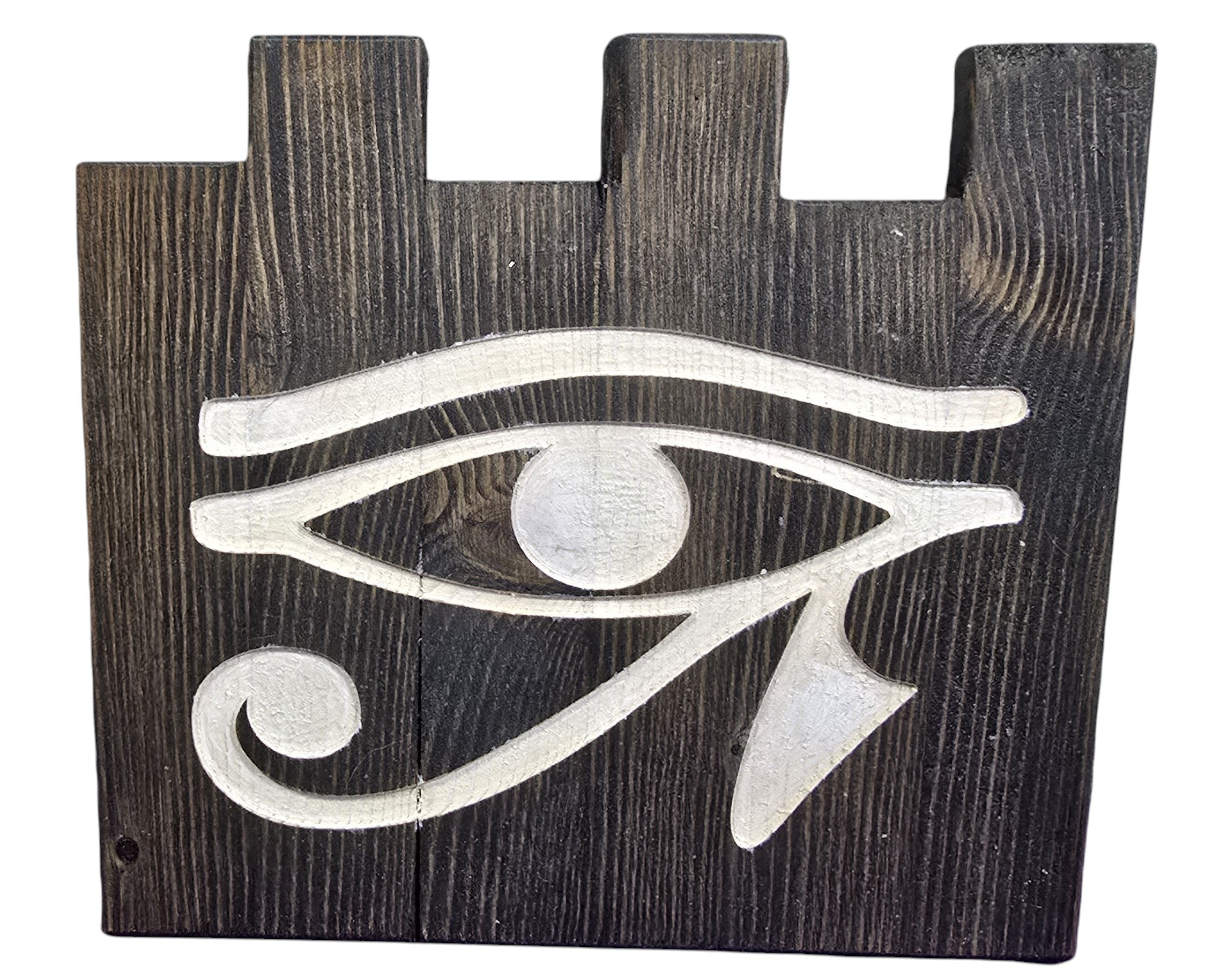 TK Wood Designs hand-painted Evil Eye decor on reclaimed wood with a weathered finish. Features a white symbol on dark wood.