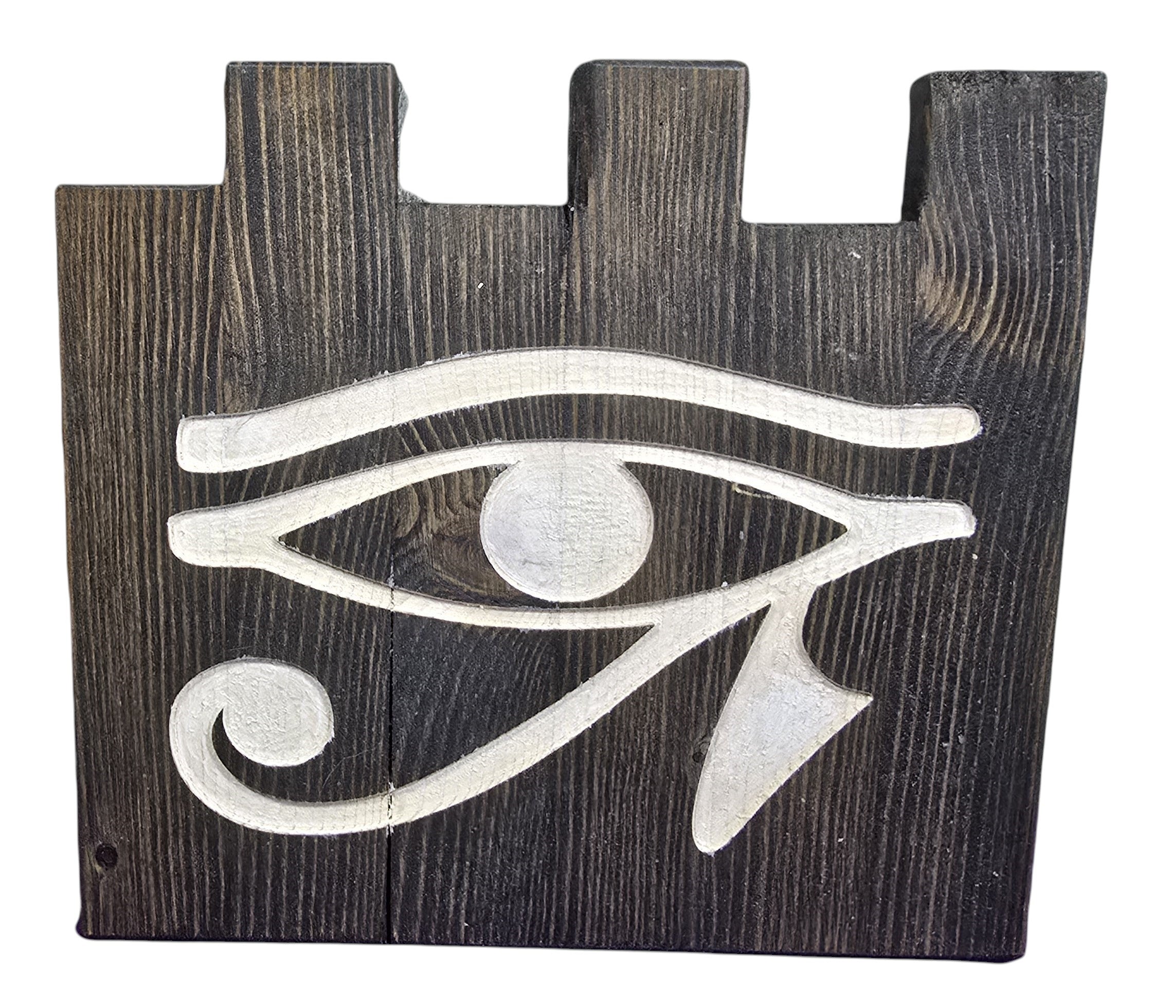 TK Wood Designs hand-painted Evil Eye decor piece on reclaimed wood with a weathered base. 9" H x 10" W.