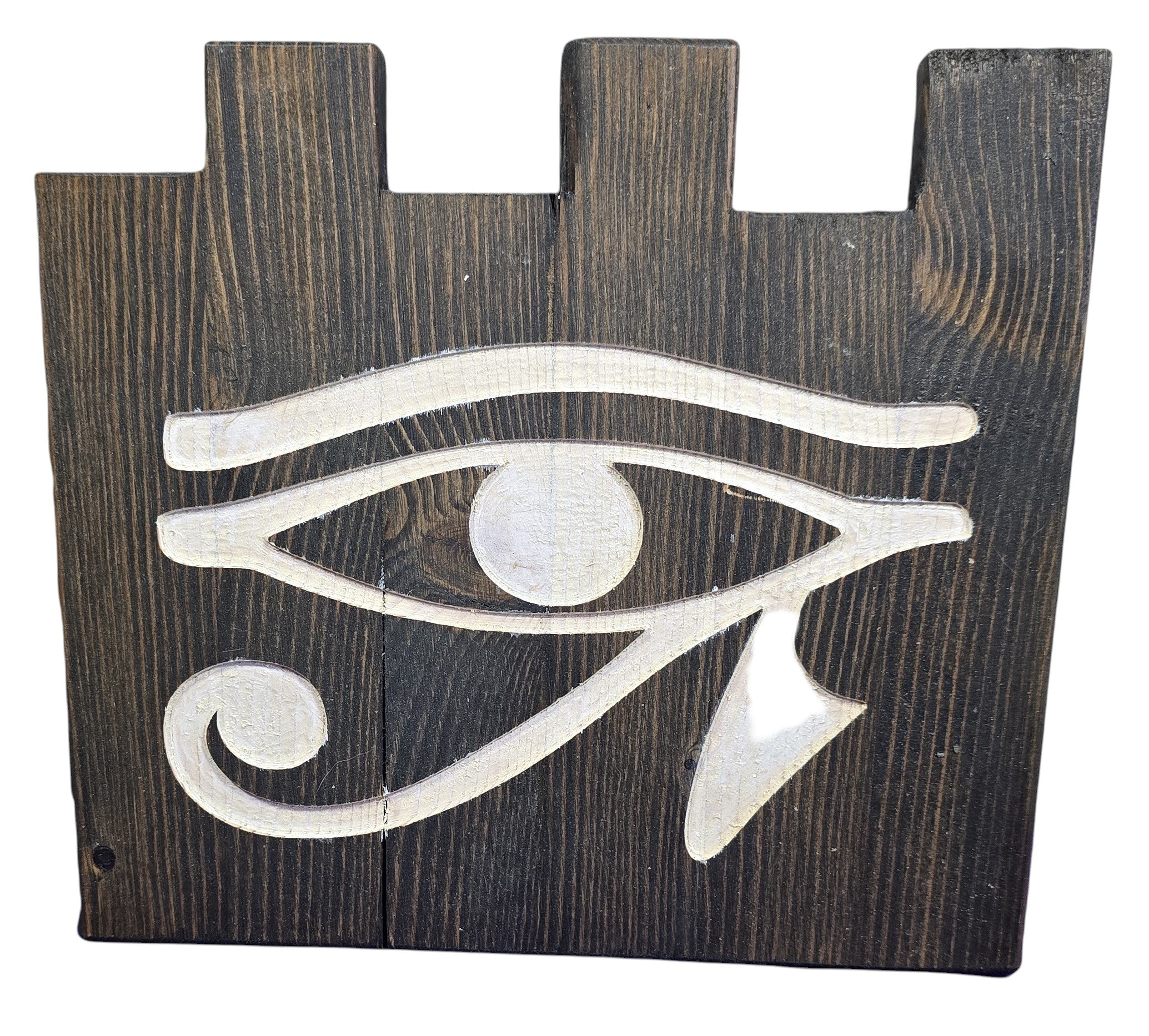 TK Wood Designs hand-painted Evil Eye decor on reclaimed wood. Features a distressed dark wood base and white painted symbol. 9" H x 10" W.
