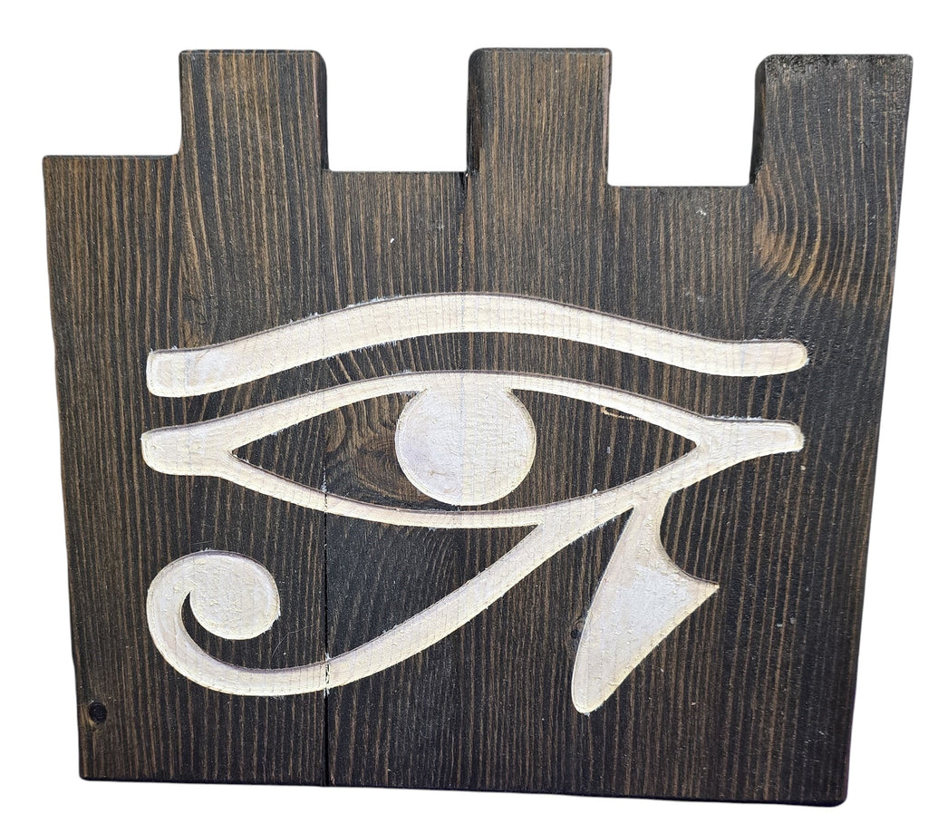 TK Wood Designs hand-painted Evil Eye decor on reclaimed wood with a weathered base. 9" H x 10" W.