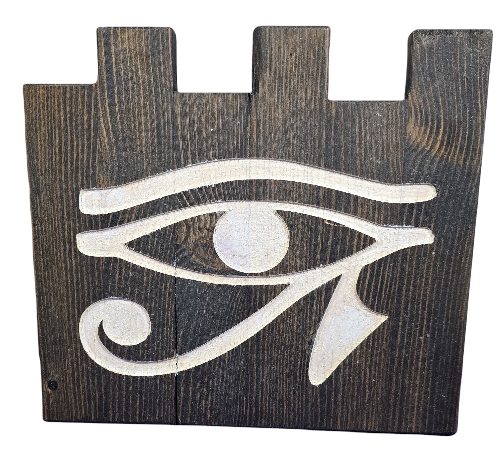 TK Wood Designs hand-painted Evil Eye decor on reclaimed wood with a weathered base. 9" H x 10" W.