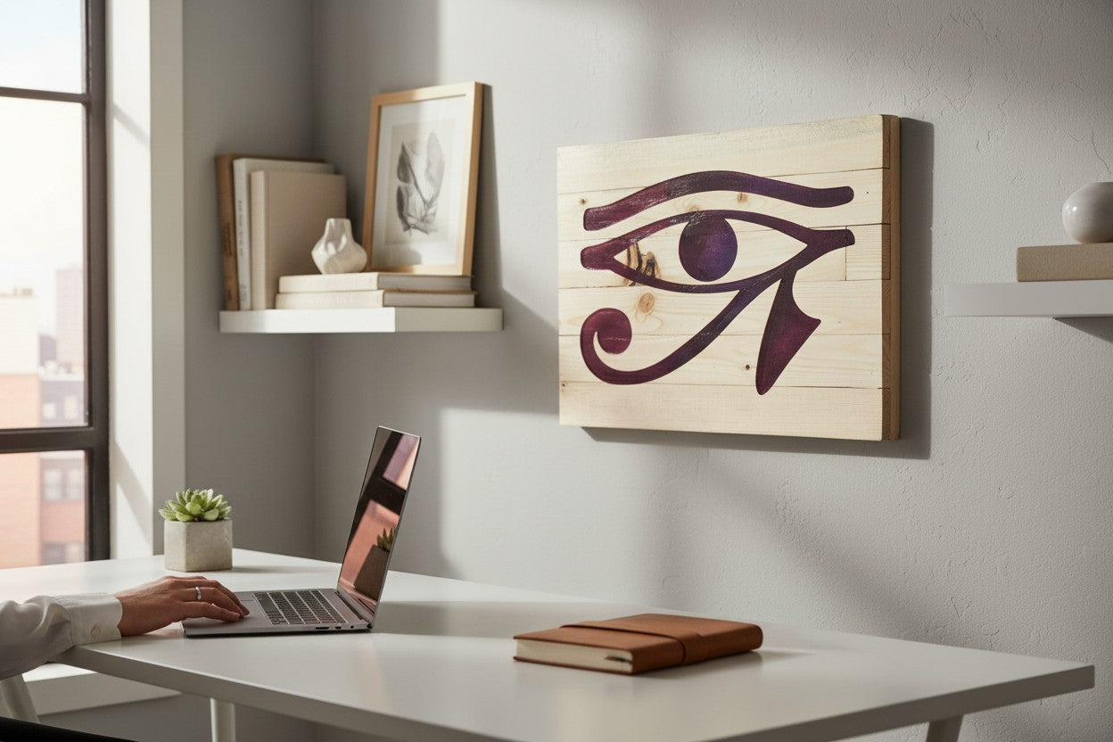 TK Wood Designs wooden evil eye sign with deep purple and blue hues on natural wood.
