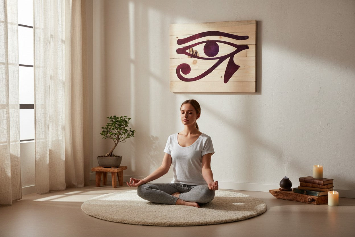 TK Wood Designs wooden evil eye sign with deep purple and blue hues on natural wood.