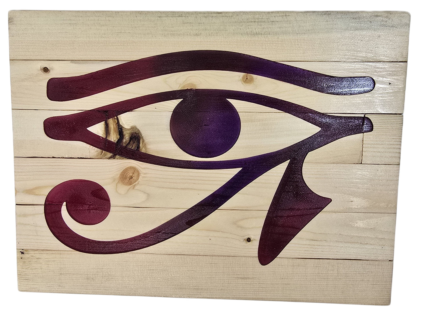 TK Wood Designs natural wood wall art featuring a deep purple Eye of Horus symbol. Rustic, protective, and royal.