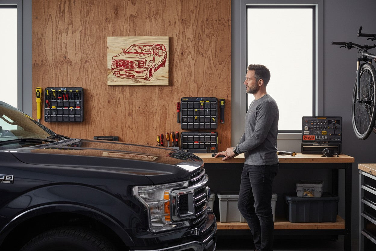 TK Wood Designs F-150 truck carved into natural wood with red detailing. Rustic garage decor.