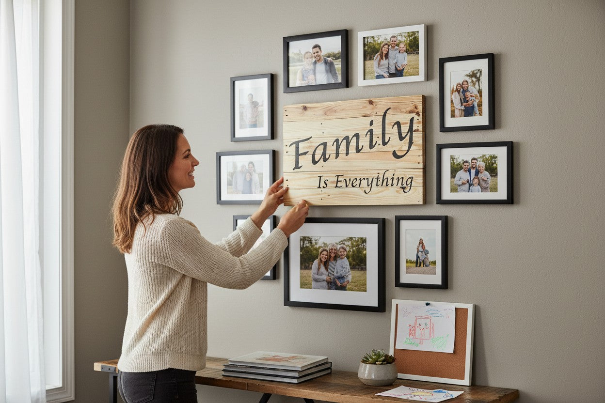 TK Wood Designs wooden sign with "Family Is Everything" in black script font. Natural wood planks.