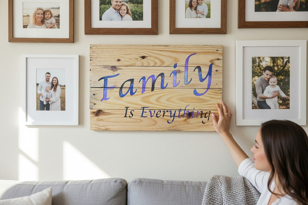TK Wood Designs wooden sign with "Family Is Everything" in purple and blue watercolor font. 22.25" H x 14" W.