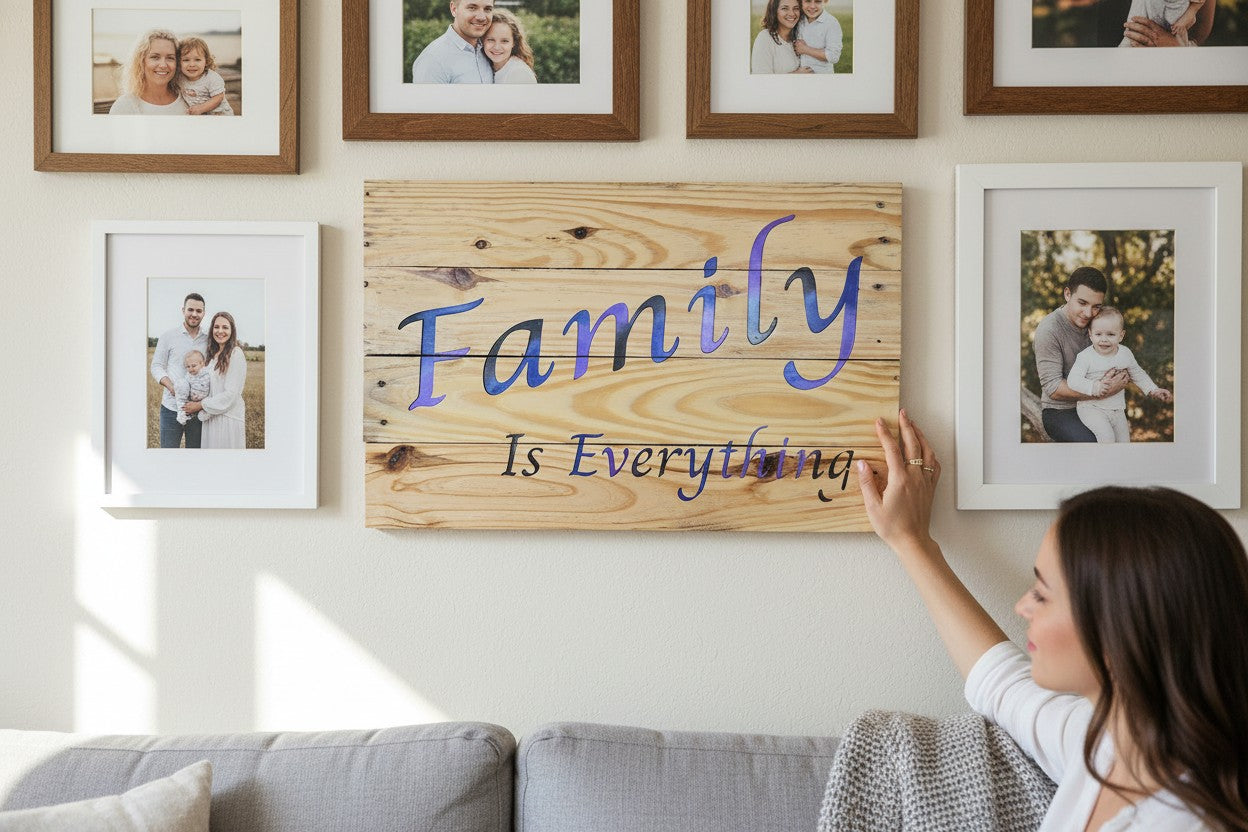 TK Wood Designs wooden sign with "Family Is Everything" in purple and blue watercolor font. 22.25" H x 14" W.