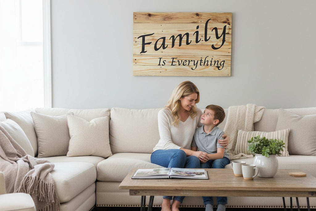 TK Wood Designs wooden sign with "Family Is Everything" in black script font. Natural wood planks.