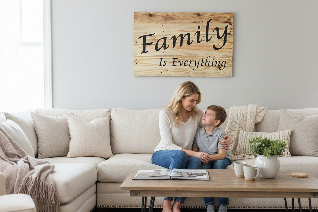 TK Wood Designs wooden sign with "Family Is Everything" in black script font. Natural wood planks.