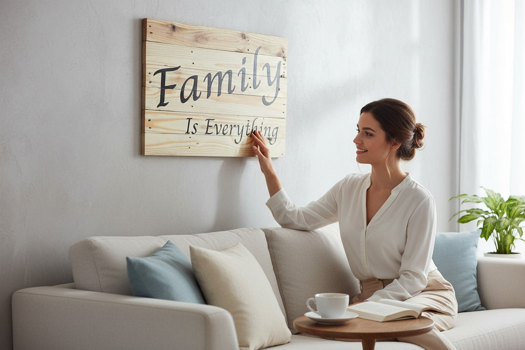 TK Wood Designs Family Is Everything wood wall art sign, natural wood planks with black script font.